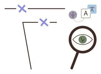 Poster - Magnifying glass with an eye, translation interface elements, and text symbols. Ideal for language learning, translation, speech recognition, text analysis, accessibility, search simple flat