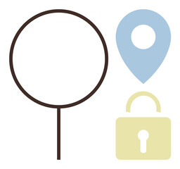 Poster - Magnifying glass for search, blue location pin for navigation, and yellow padlock for security form a clean design. Ideal for technology, privacy, online safety, exploration, global positioning, data