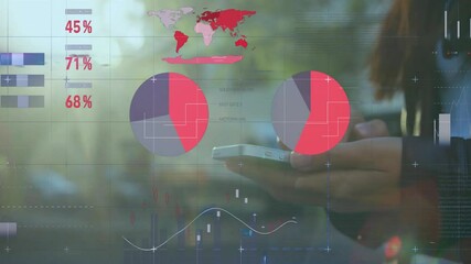 Poster - Woman tapping smartphone cycling transparent finance overlay and charts exploring market trends