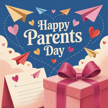 Happy Parents Day postcard with paper flying elements and gift box on blue sky background. Vector symbols of love in shape of heart for greeting card design
