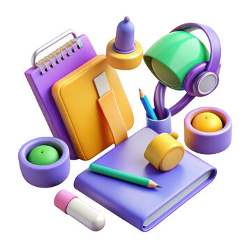 3d rendered colorful school supplies isolated on transparent background