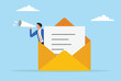 © Sohag sarkar - Vector illustration of a businessman announcing a message through a megaphone from inside a large envelope, symbolizing direct communication, marketing, and message delivery
