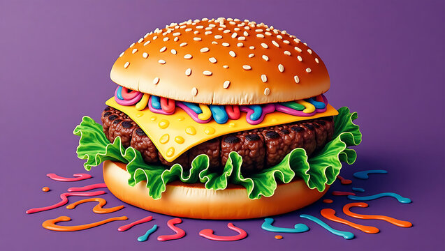 Colorful and Stylized Burger with Dripping Sauce on a Purple Background vibrant