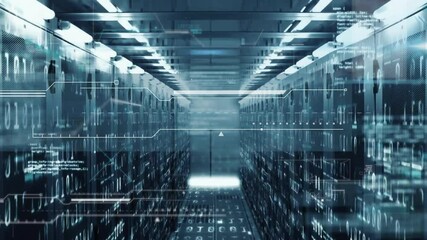 Poster - Binary streams starting on server racks, corridor visualizing analytics via floating HUD graphics