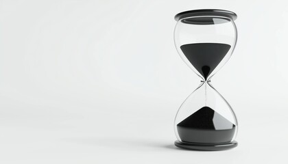 Poster - Detailed Close-Up Shot Of Hourglass With Black Sand Against White Background, Featuring Copy Space. Focus On Time, Timekeeping, Shape, And Color.