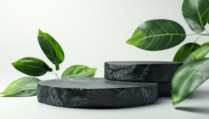 Poster - Dramatic Contrast: Dark Stone And Vibrant Green Foliage For Podium DéCor, Creating A Striking And Eye-Catching Display For Events.