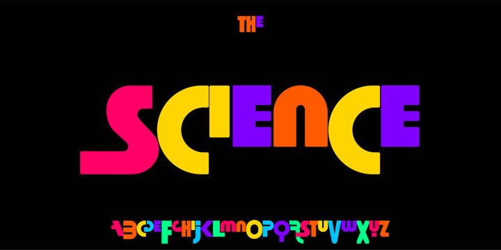 Science education font, futuristic cartoon funky alphabet for scientific stem headline, childish educational logo, children book typography, fun joyful typographic design. Modern vector typeset