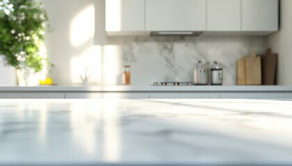 Poster - Blurred Kitchen Featuring White Marble Table Top: A Stylish Addition To Your Home Decor With A Modern And Elegant Look