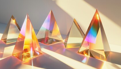 Poster - Glass Geometric Prisms: Spectral Diffraction, Reflective Complexity, And Contemporary Lighting Effects On A White Background