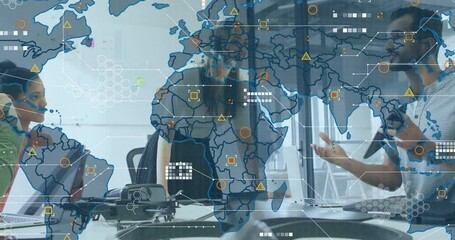 Poster - After tapping tablet, project team exploring global drone analytics with animated data overlay