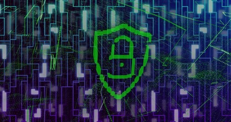 Poster - On startup digital grid glowing and shifting activating green shield padlock protecting data flow