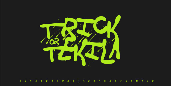 Trick or Tekila - Spooky Handwritten Halloween Lettering with Dripping Neon Green Letters on Dark Purple Background. Horror Style Decorative Typeface. Vector Illustration.