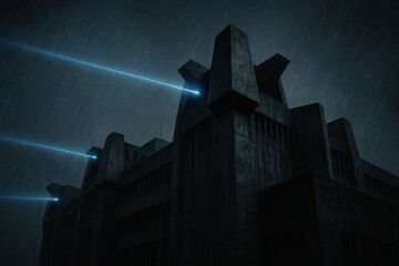 Aufkleber - Mysterious Industrial Structure with Blue Laser Beams in a Dark Rainy Atmosphere