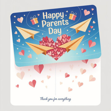 Happy Parents Day postcard with paper flying elements and gift box on blue sky background. Vector symbols of love in shape of heart for greeting card design
