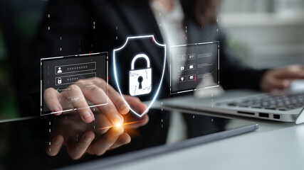 Poster - cyber security protects against breaches, hacks, and network attacks using strong infrastructure and