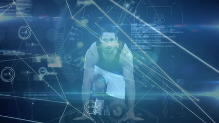 Poster - Lone athlete crouching, countdown hitting zero and pushing off under floating graphs for analytics