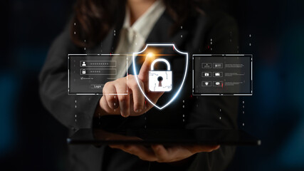 Poster - cyber security protects against breaches, hacks, and network attacks using strong infrastructure and