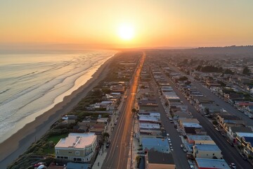 Poster - Sunset over ocean beach line with coastal road and quiet town, moving along sunset ocean beach line aerial