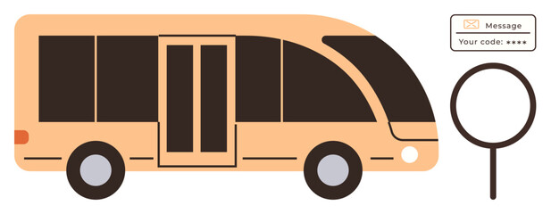 Poster - Orange bus, magnifying glass, and digital message prompt with code emphasize transport safety, validation, and examination. Ideal for security, transport, monitoring, access control digital safety