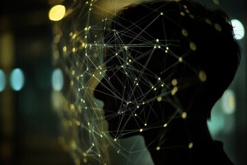 Poster - Exploring network connections through a digital silhouette with glowing nodes and scanning visuals, scope scanning over network of connections
