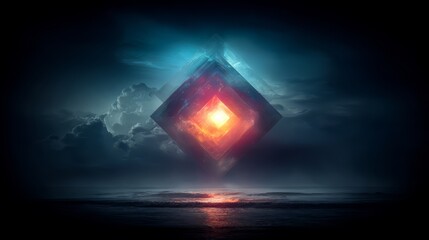 Poster - large red square is floating in the sky above a body of water. the sky is dark and cloudy, and the w