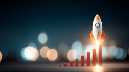 Poster - Rocket is flying through the sky with a bright light behind it. Concept of progress and achievement, as the rocket represents a successful launch