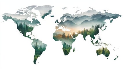 Poster - world map with trees and mountains on it. the trees are green and the mountains are covered in mist.