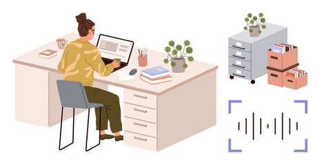 Poster - Woman using computer at desk with potted plants, books, and coffee. Filing cabinets and document boxes beside soundwave graphic. Ideal for productivity, technology, office work, organization