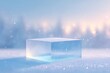 © Andrei - modern square podium with icy reflective surface positioned in snowy outdoor scene with visible snowflakes midair