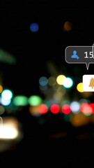 Poster - Animation of social media icons and numbers on banners over out of focus city lights