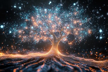 Poster - Exploring connections as an illuminated tree emerges over vibrant moving shapes, tree of connections over shapes moving