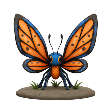Cute cartoon butterfly with orange and blue wings, perched on a small grey stone. The butterfly has large, expressive eyes and small antennae.  Transparent background.