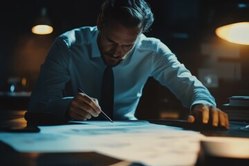 Poster - Business team collaborating on project ideas in a dimly lit office during late hours, business team working on a new project Slow motion 60fps