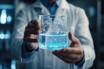 Poster - Scientist demonstrates holographic technology with a glass of liquid in a laboratory setting, a male scientist holds a hologram of a glass of liquid research results interface