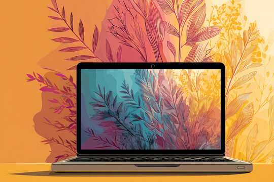 A laptop shows vibrant foliage art with colorful leaves in the background, highlighting creativity and design