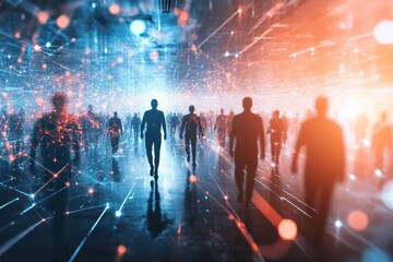 Poster - Men walking through an artificial intelligence network in a futuristic digital environment, Artificial intelligence network with men walking towards shiny light