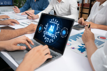 Poster - AI ethics responsibility standard law and rules on computer screen provide report of AI ethic transparency preventing technology crime. brisk