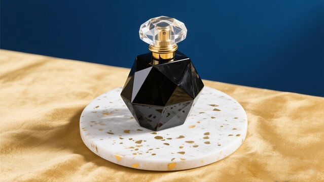 A crystal-textured black perfume bottle with an elegant background. It has a gold-colored cap, set on a white marble stone.