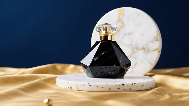 A crystal-textured black perfume bottle with an elegant background. It has a gold-colored cap, set on a white marble stone.