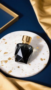 A crystal-textured black perfume bottle with an elegant background. It has a gold-colored cap, set on a white marble stone.