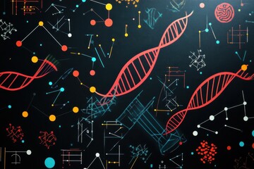 Poster - Complex diagram of dna strands and molecular structures against a black background, dna strand and diagram on black background