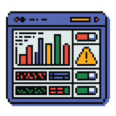Fototapete - Pixel art digital dashboard interface with charts and warning symbol