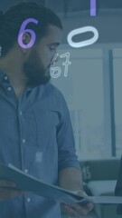 Poster - Animation of numeric data processing over diverse creative business colleagues using tablet talking