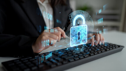Poster - cyber security protects against breaches, hacks, and network attacks using strong infrastructure and