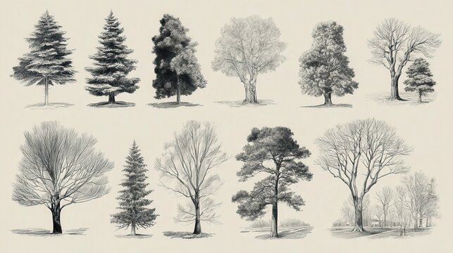 Ultra quality image of artistic pencil renderings of trees in vector format, various types including pine, oak, and bare trees, clip art set.