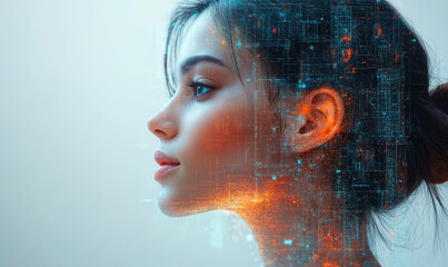 Poster - Profile of young woman with digital abstract data and futuristic glowing technology interface overlaid on half of face representing artificial intelligence and virtual reality concept