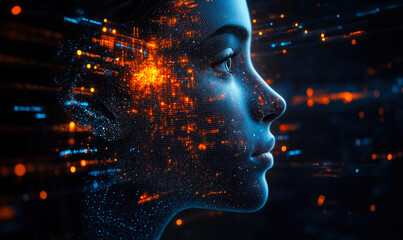 Poster - Futuristic digital human face composed of glowing data points and vibrant orange light particles in artificial intelligence concept visualization