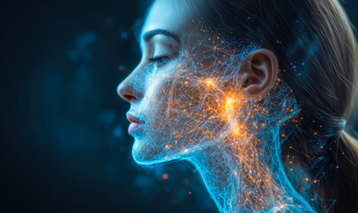 Poster - Profile of woman with closed eyes and digital neural network illustration connecting brain and neck illuminated with glowing orange lights on blue background