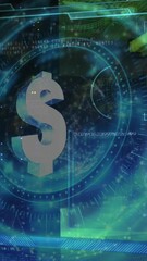 Poster - Animation of dollar sign on rotating safe lock over data processing and computer server