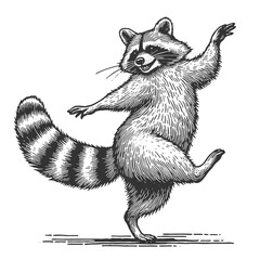 Wall Mural - cheerful raccoon dancing, full of charm and playfulness sketch engraving generative ai vector illust